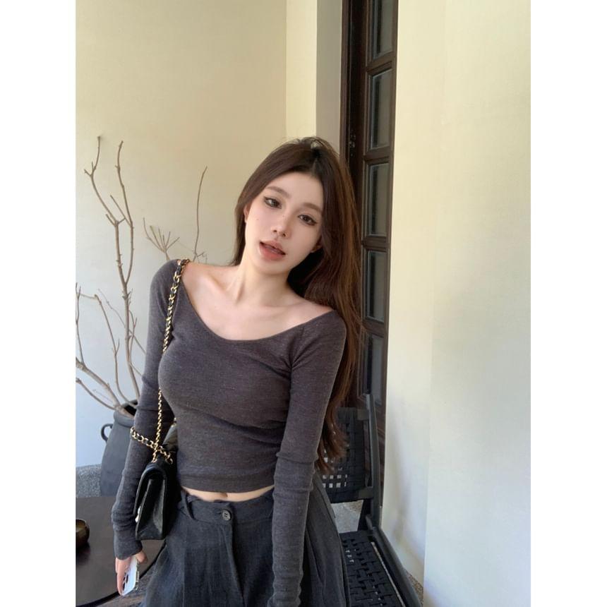 Long-Sleeve Off-Shoulder Plain Slim Fit Crop Knit Top Product Image