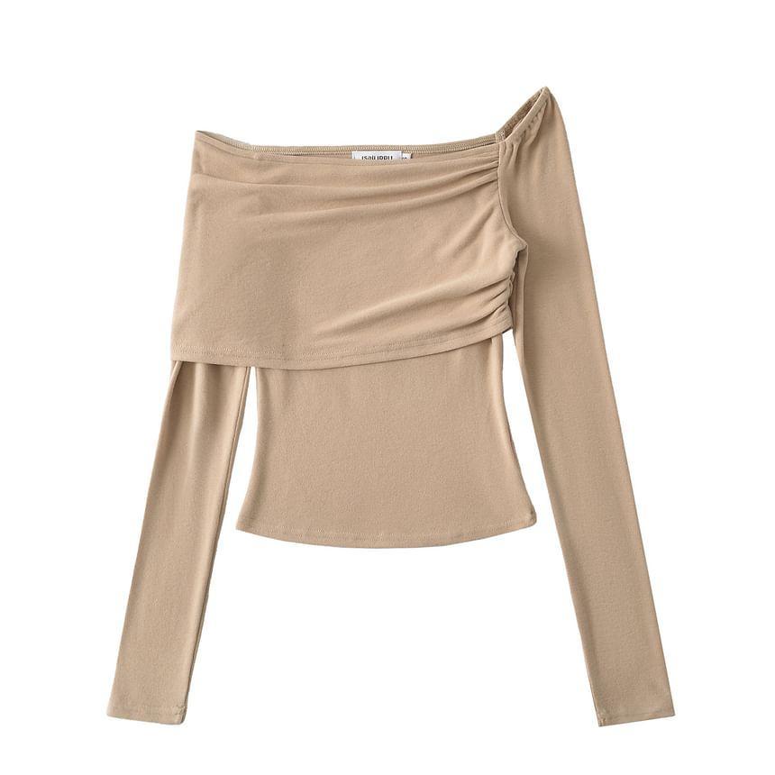 Long Sleeve Off Shoulder Plain Ruched Crop T-Shirt Product Image