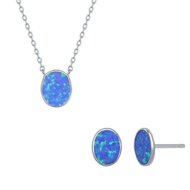 Sterling Silver Lab-Created Opal Disc Pendant Necklace & Earrings Set, Womens Blue Product Image