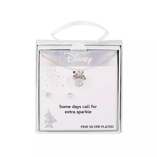 Disneys Minnie Mouse Fine Silver Plated Dancing Cubic Zirconia Pendant Necklace and Stud Earring Set, Womens Product Image