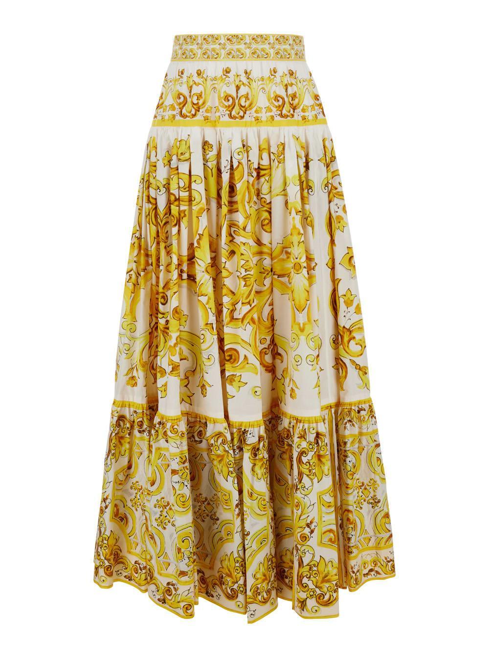 DOLCE & GABBANA Long Majolica-print Poplin Skirt With Ruffles In Yellow Product Image