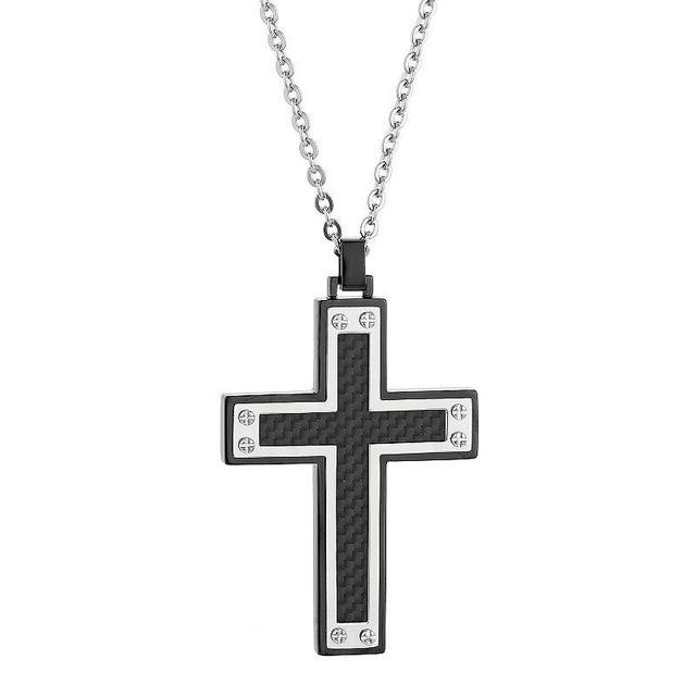 LYNX Mens Stainless Steel & Carbon Fiber Cross Pendant Necklace Two Tone Product Image