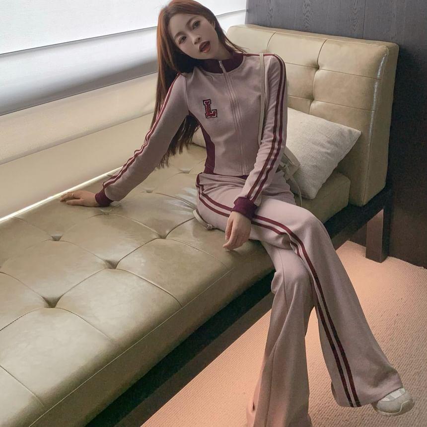 Set: Letter Embroidered Striped Cropped Zip Jacket + Low Rise Flared Pants Product Image