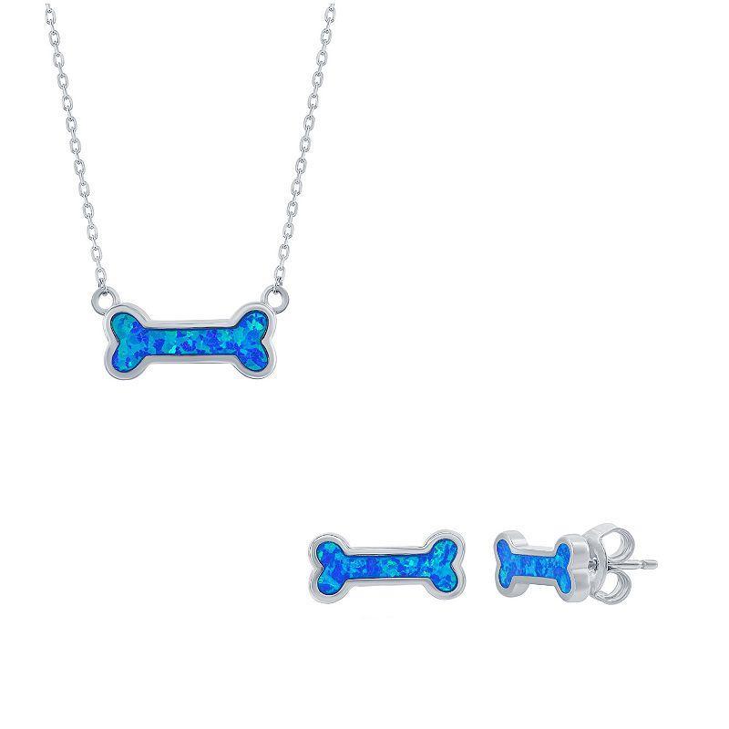 Sterling Silver Blue Opal Dog Bone Earring & Necklace Set, Womens Product Image