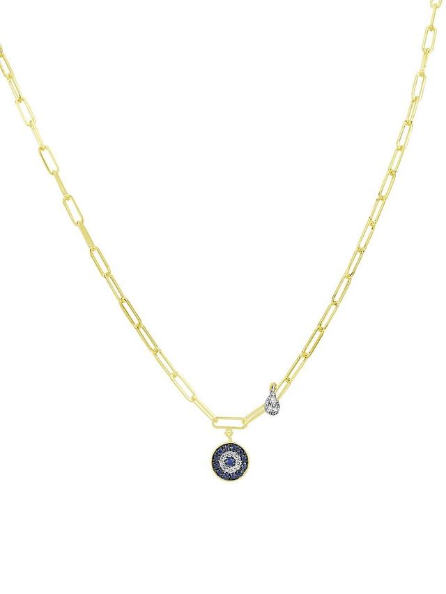 Womens 14K Yellow Gold, Blue Sapphire, & Diamond Evil-Eye Charm Necklace Product Image