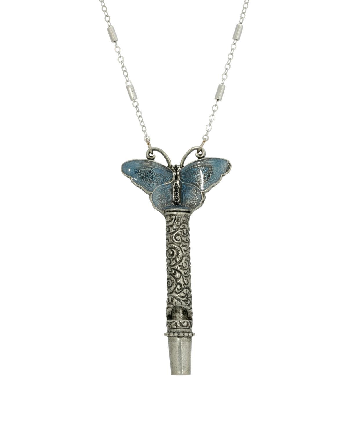 1928 Colorful Butterfly Pewter Whistle Pendant Necklace, Womens, Blue Product Image