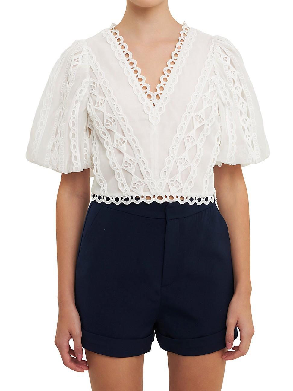 Womens Laced V-Neck Puff Sleeve Top Product Image