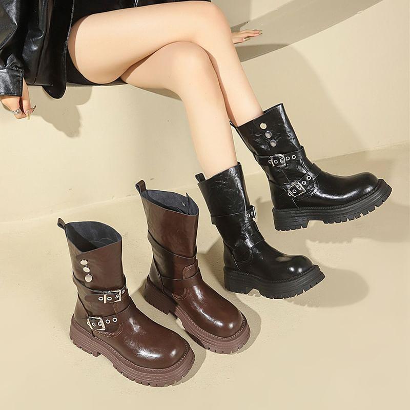 Platform Plain Buckled Mid Calf Boots Product Image