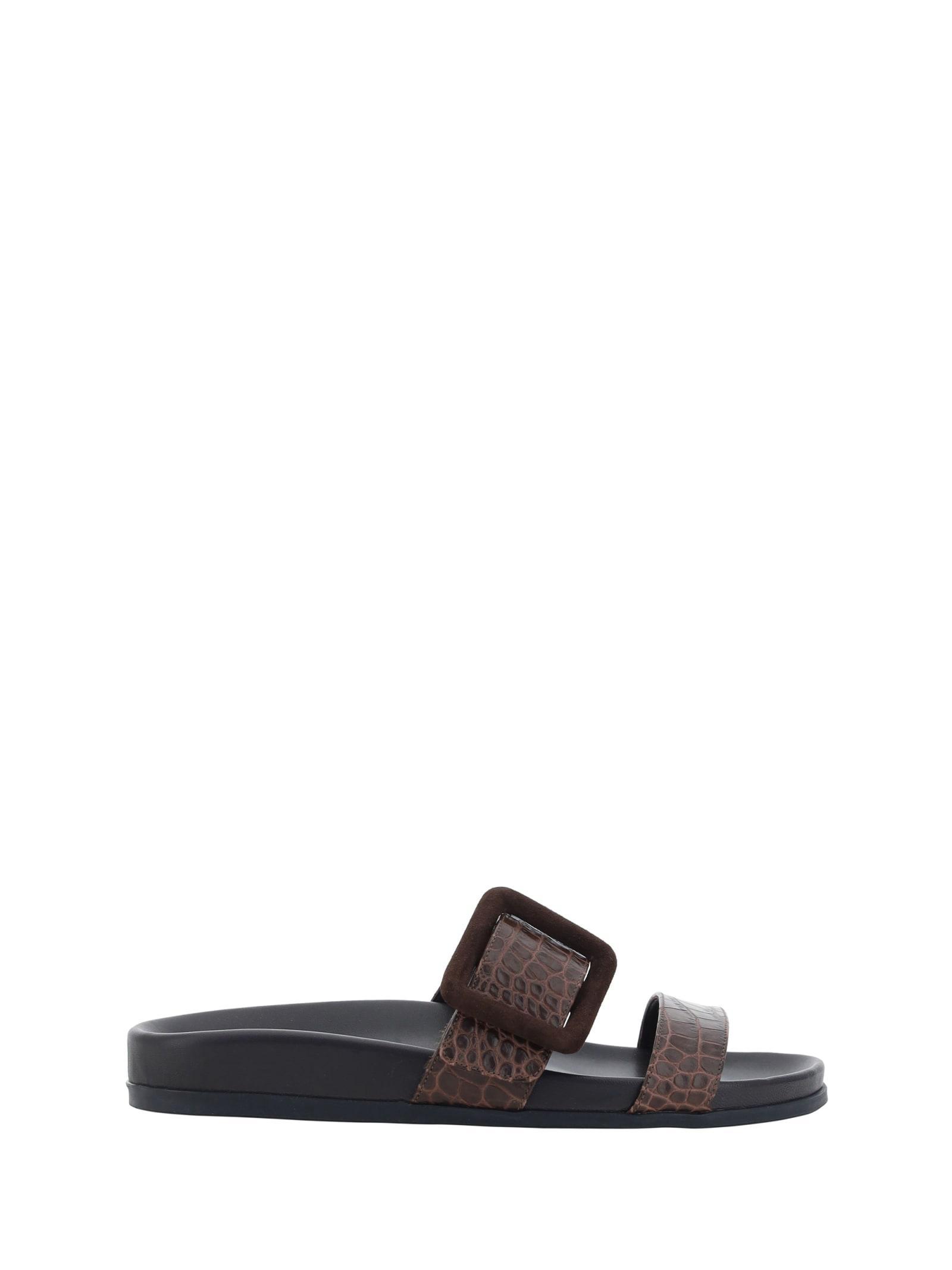 MANOLO BLAHNIK Mayfu Fussbett Croco Slide Sandals In Dark Brown product image