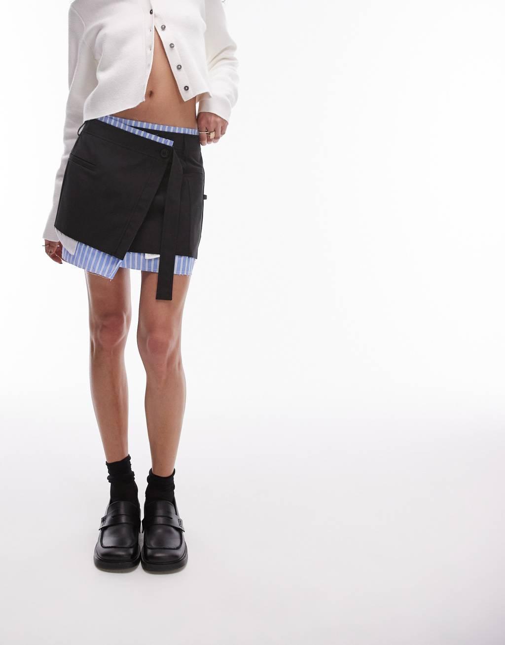 Topshop wrap over raw contrast mini skirt in black Product Image