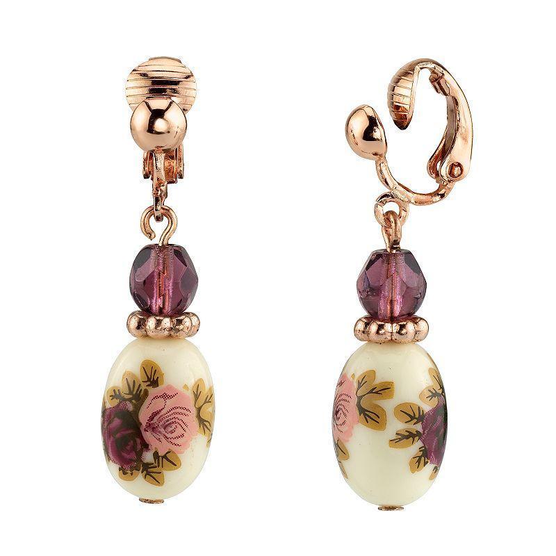 1928 Rose Gold Tone Purple Bead Flower Motif Porcelain Drop Earrings, Womens Product Image