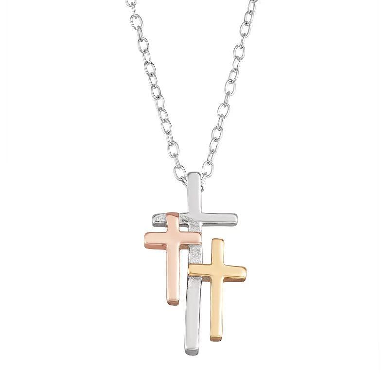 My Shield My Strength Tri Tone Sterling Silver Triple Cross Pendant, Womens Product Image