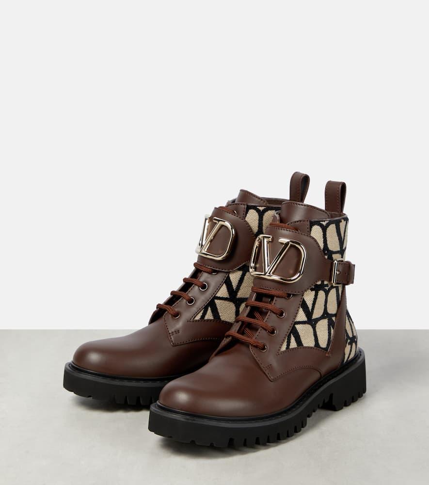 VALENTINO GARAVANI Logo-embossed Leather Combat Boots In Brown Product Image