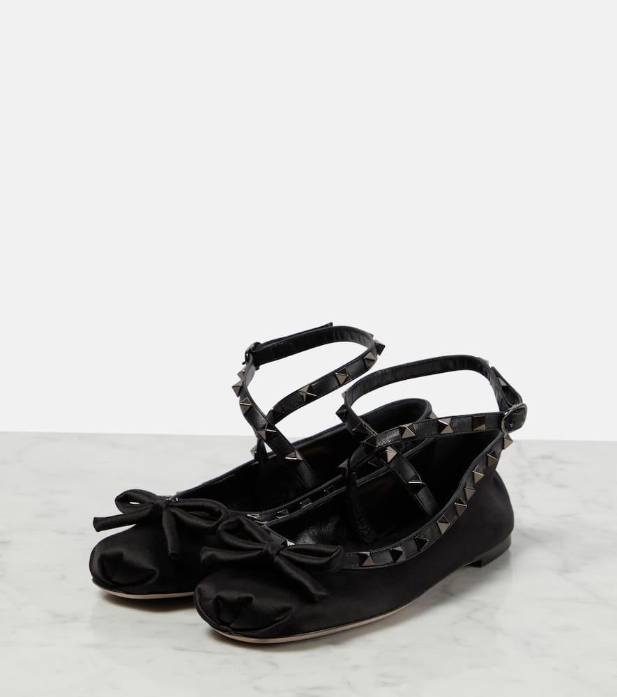 Rockstud Satin Ballerina Flats In Black Product Image