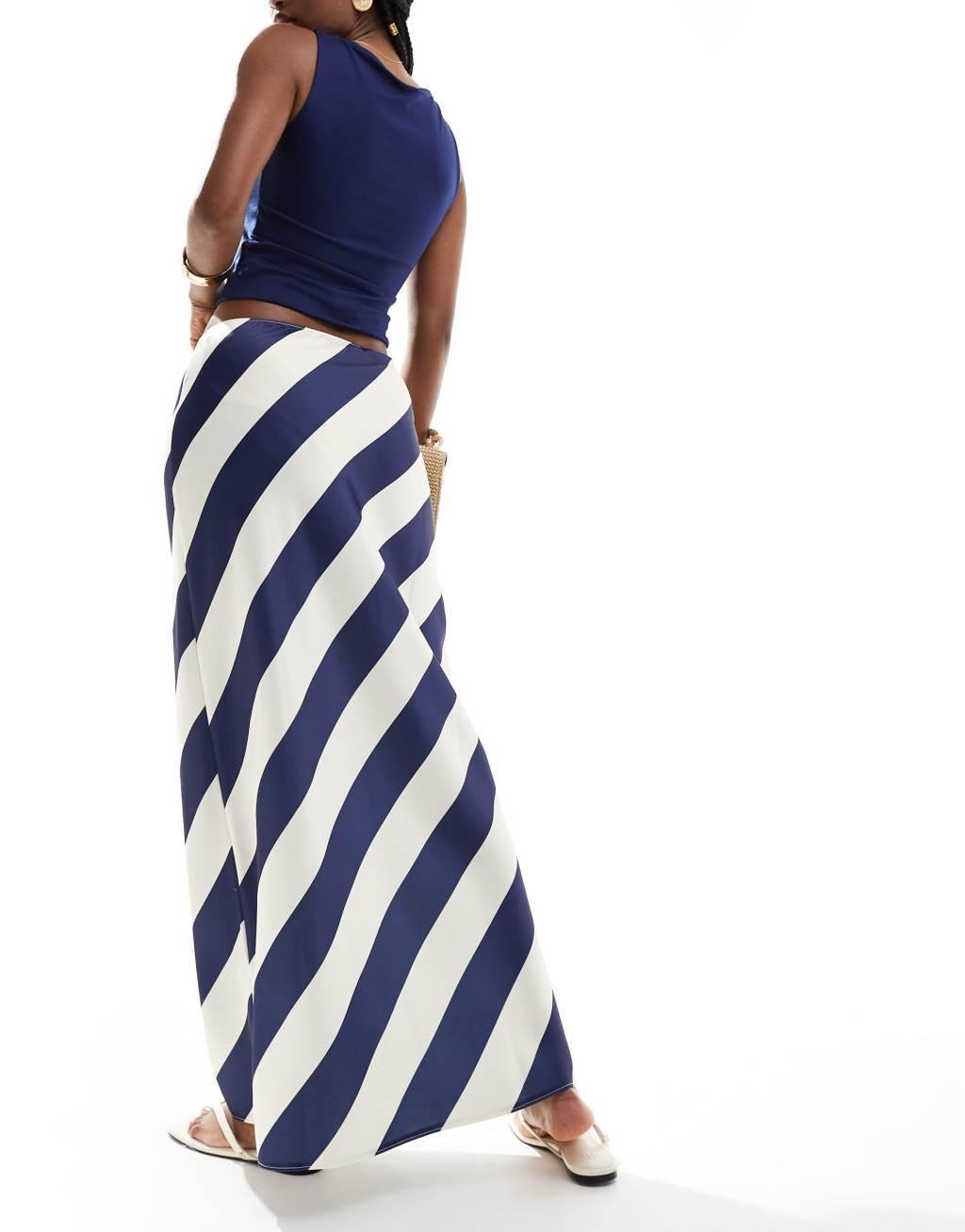 ASOS DESIGN satin bias cut maxi skirt in navy stripe Product Image