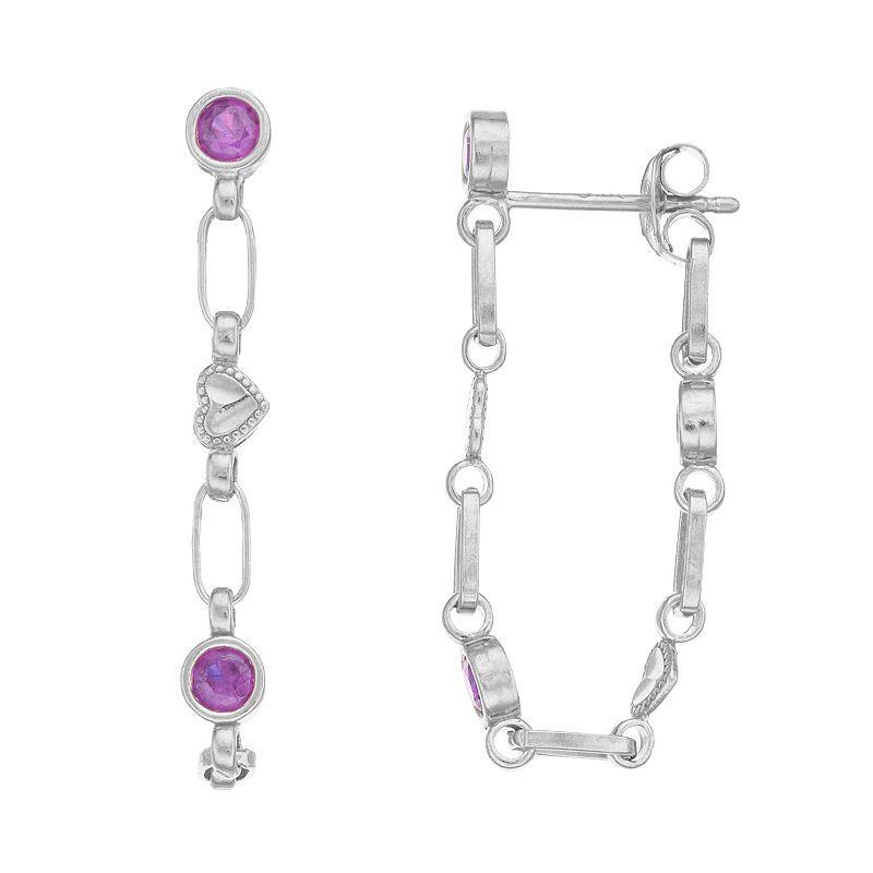 Kristen Kesho Sterling Silver Lab-Created Amethyst Front-to-Back Heart Link Chain Hoop Earrings, Womens, Grey Product Image