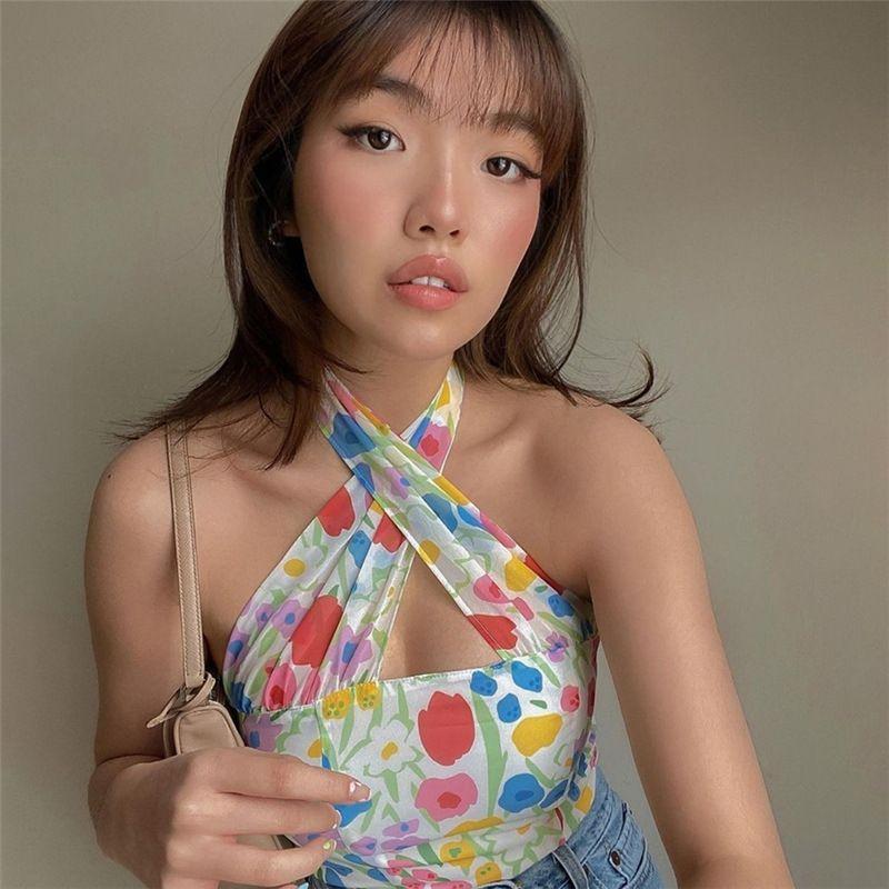 Floral Print Cross-Strap Cropped Halter Top Product Image