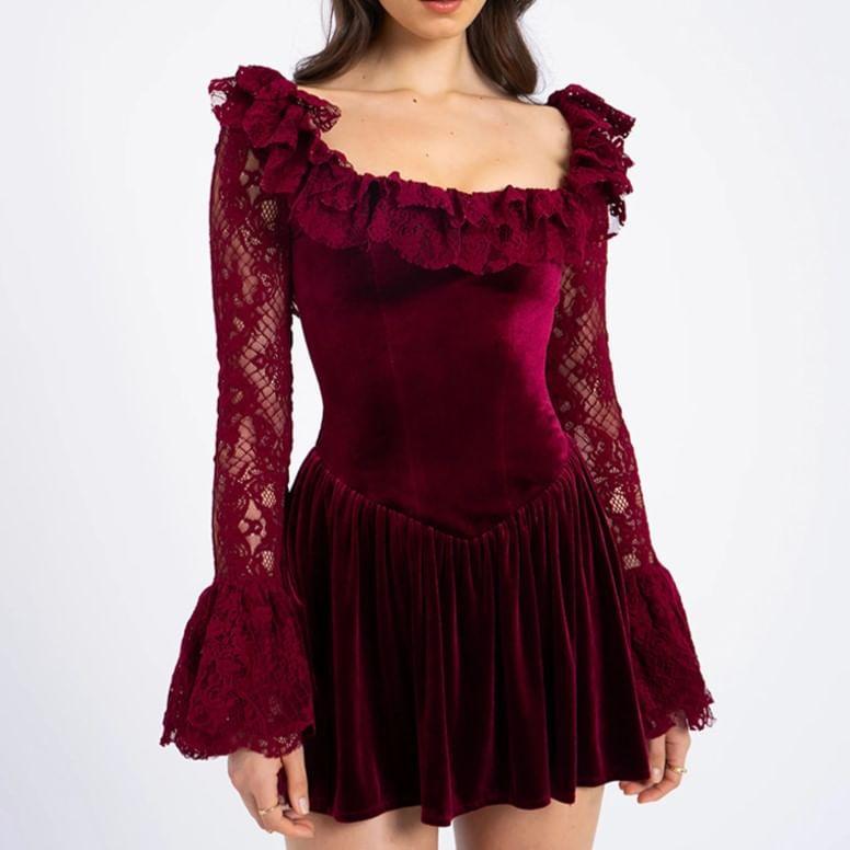 Flare-Sleeve Square Neck Lace Mini A-Line Dress Product Image