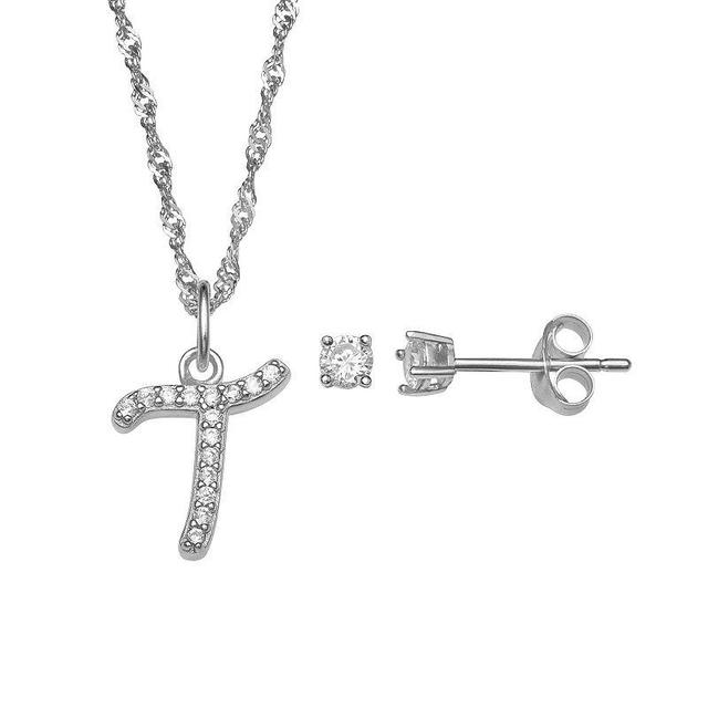 LC Lauren Conrad Sterling Silver Cubic Zirconia Stud Earrings & Initial Pendant Necklace Set, Womens Sterling Silver P Product Image