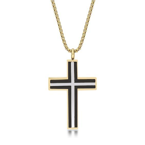 Men's Triple Layer Cross Pendant in Stainless Steel with Black and Gold-Tone IP - 24" Product Image