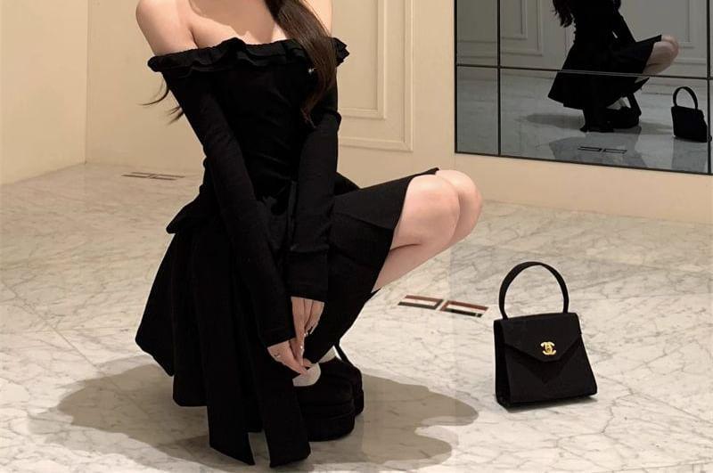 Long-Sleeve Off-Shoulder Plain Ruffle Bow Mini A-Line Dress Product Image