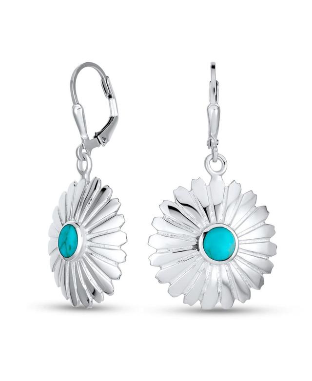 Native American South Western Concho Carved Petal Flower Blossom Blue Turquoise Lever Back Dangle Earrings Women .925 Sterling Silver Product Image