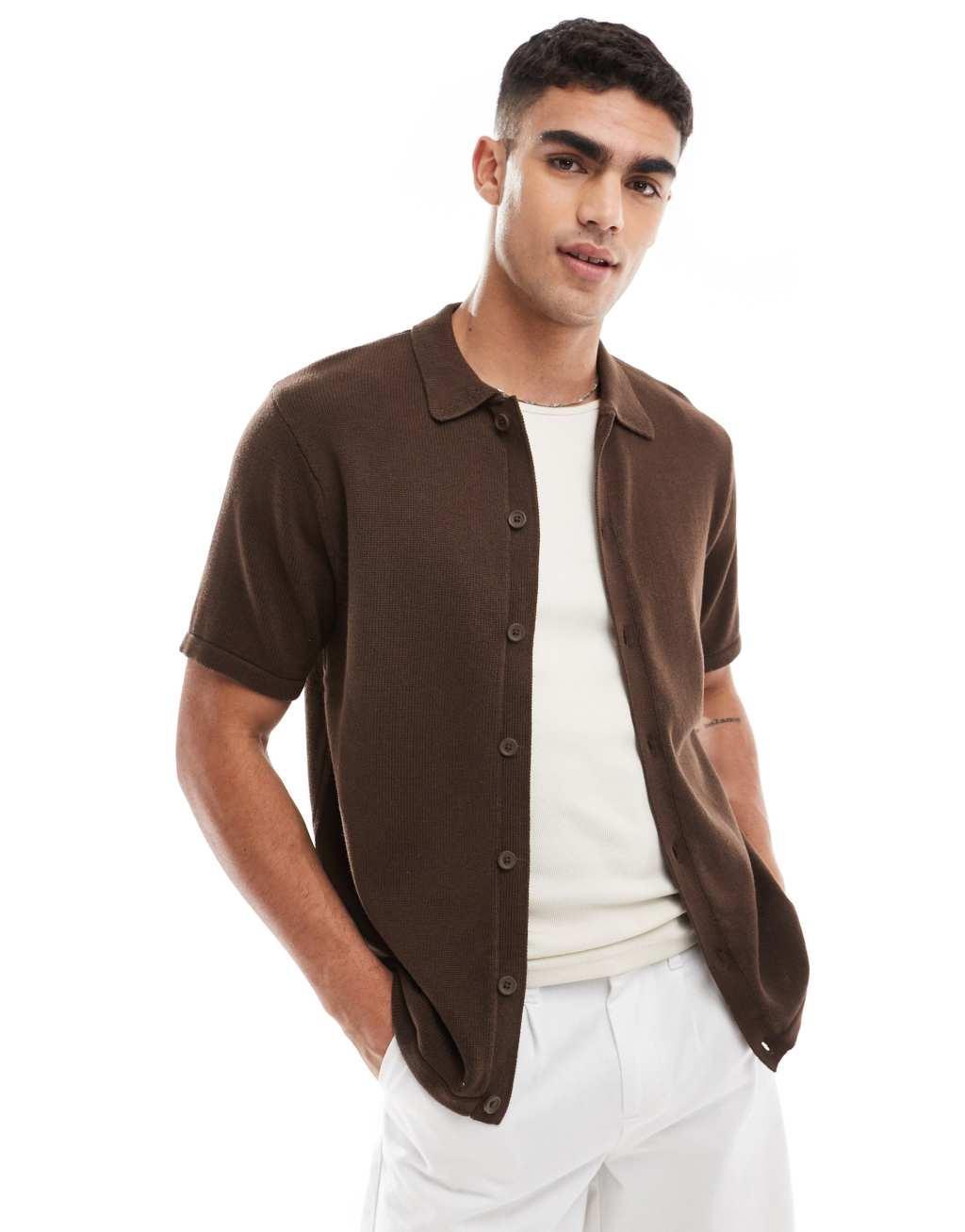 ASOS DESIGN midweight cotton knit button up polo in brown Product Image