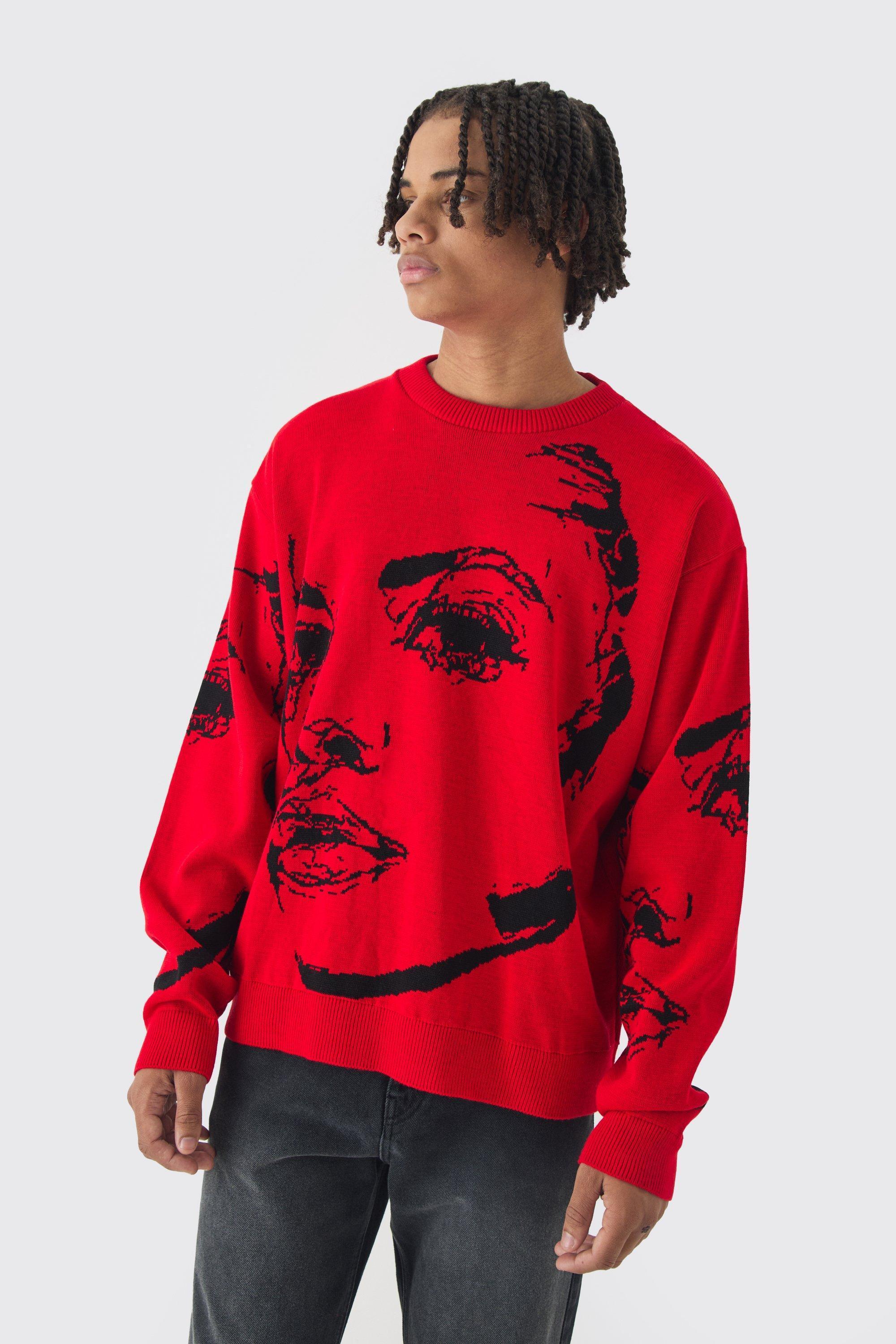 Oversized Boxy Line Face Knitted Jumper | boohooMAN USA Product Image