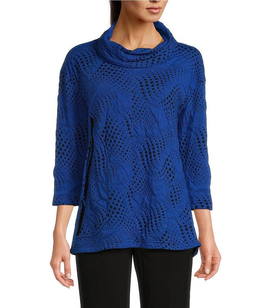 Ali Miles Knit Jacquard Cowl Neck 3/4 Sleeve Hi-Low Hem Tunic Product Image