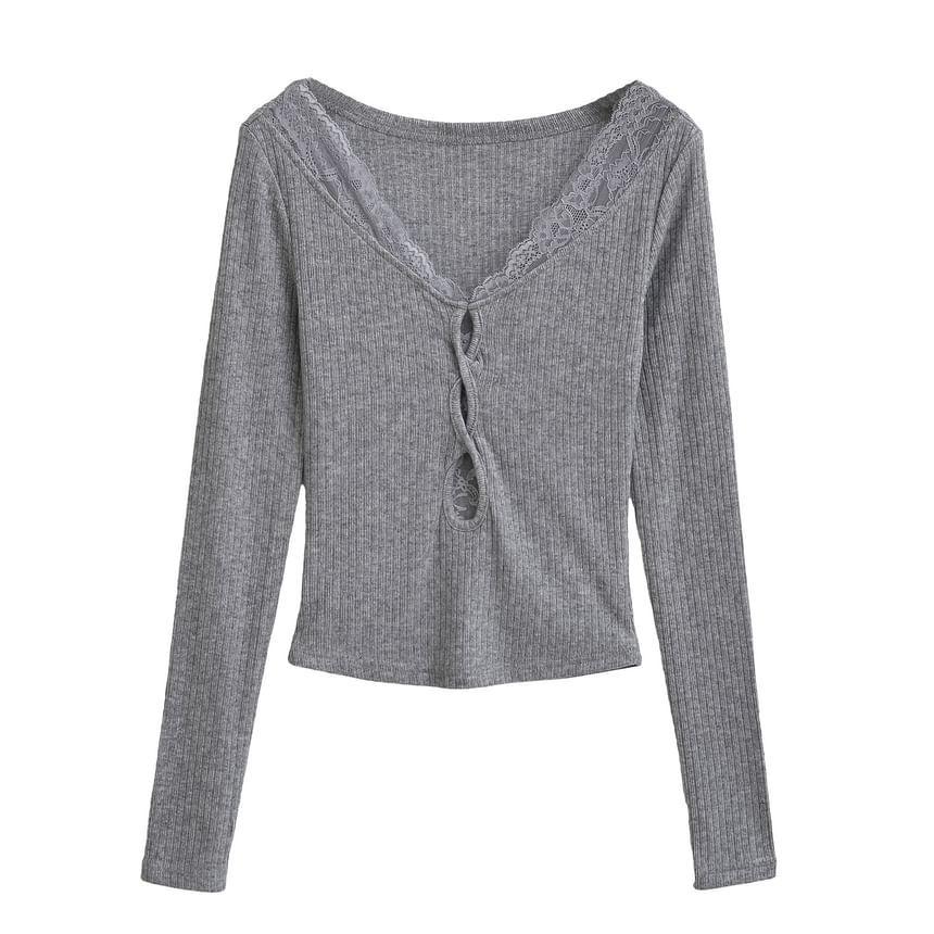 Long Sleeve V-Neck Plain Cutout Panel Lace Top Product Image