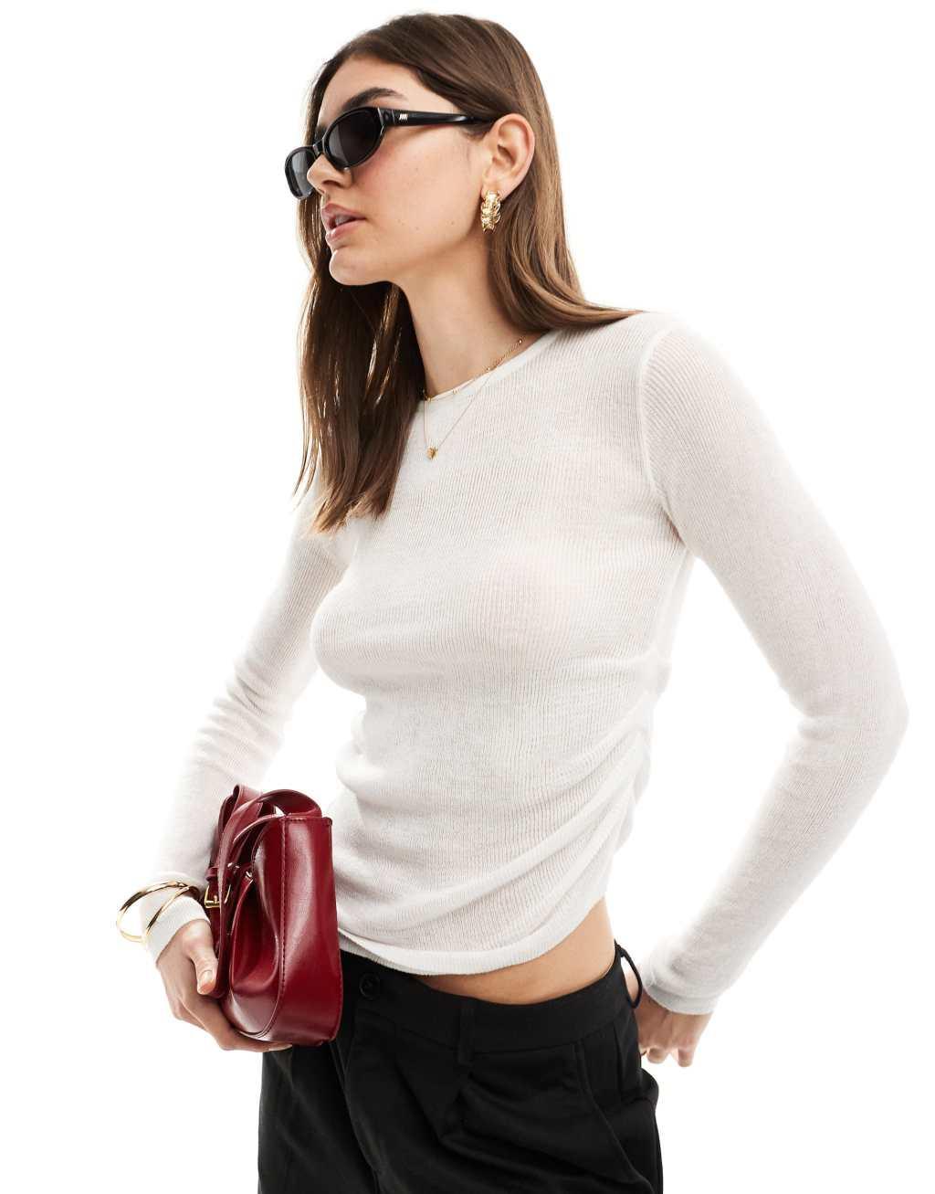 SNDYS semi sheer fine knit long sleeve top in white Product Image