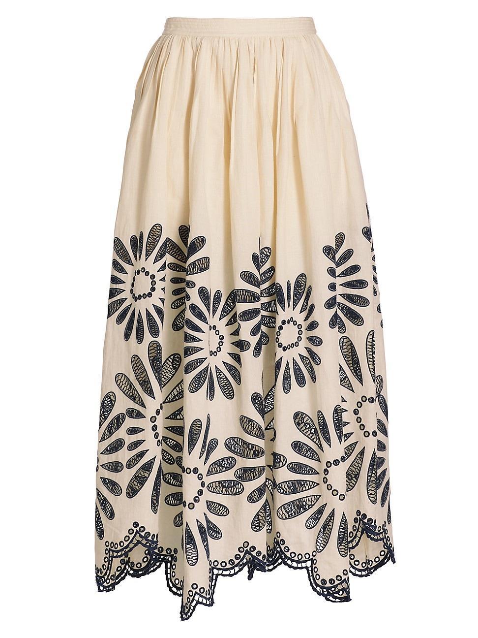 Annisa Embroidered Linen Cotton Scalloped Midi Skirt Product Image