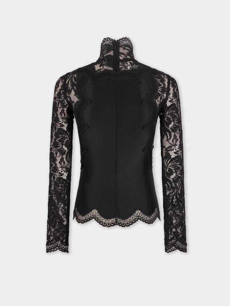 BLACK LONG SLEEVE TOP IN LACE AND JERSEY Product Image