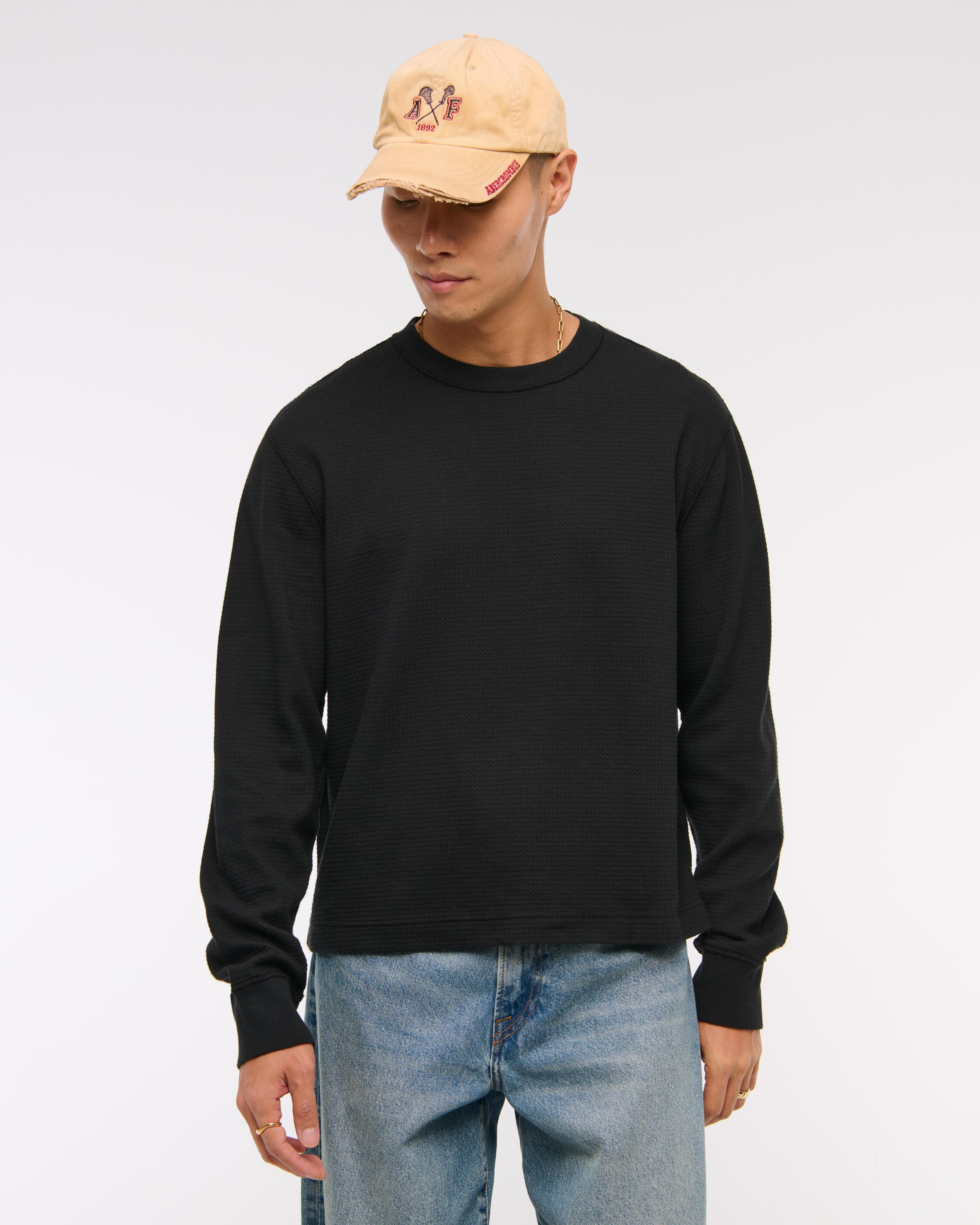 Long-Sleeve Grid Waffle Cropped Tee Product Image