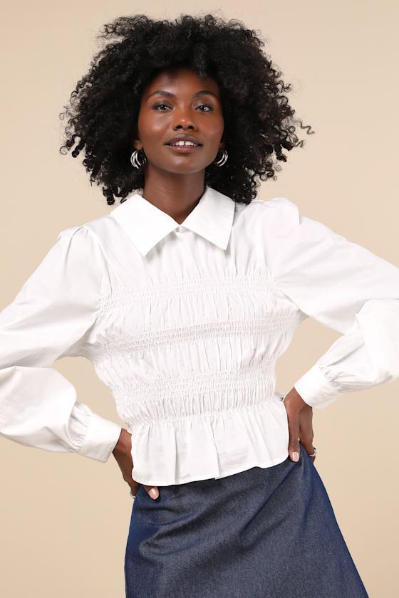 Poised Esteem White Cotton Smocked Collared Long Sleeve Top Product Image