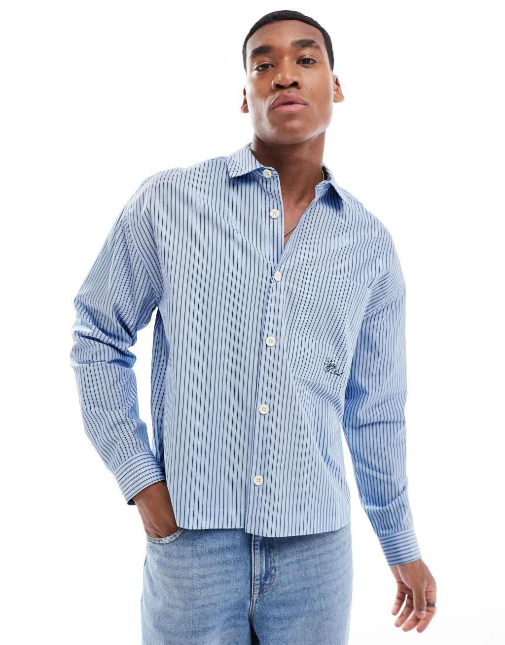 ASOS DESIGN oversized boxy shirt with embroidery in blue stripe  Product Image