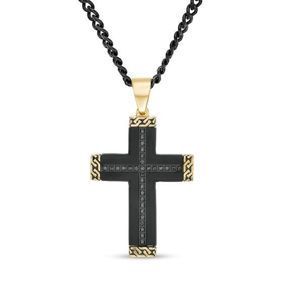 Men's 1/4 CT. T.w. Black Enhanced Diamond and Chain Link-Ends Cross Pendant in Stainless Steel and Two-Tone IP - 24" Product Image