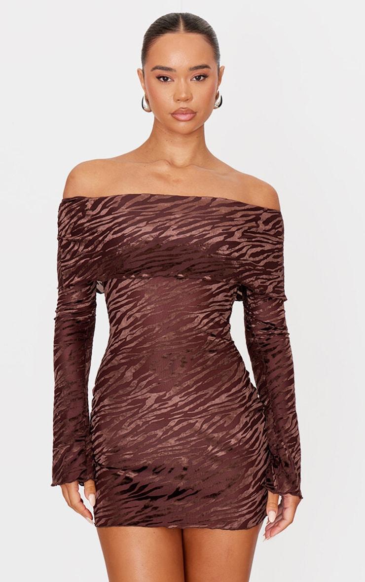 Brown Devore Print Bardot Long Sleeve Mini Dress Product Image