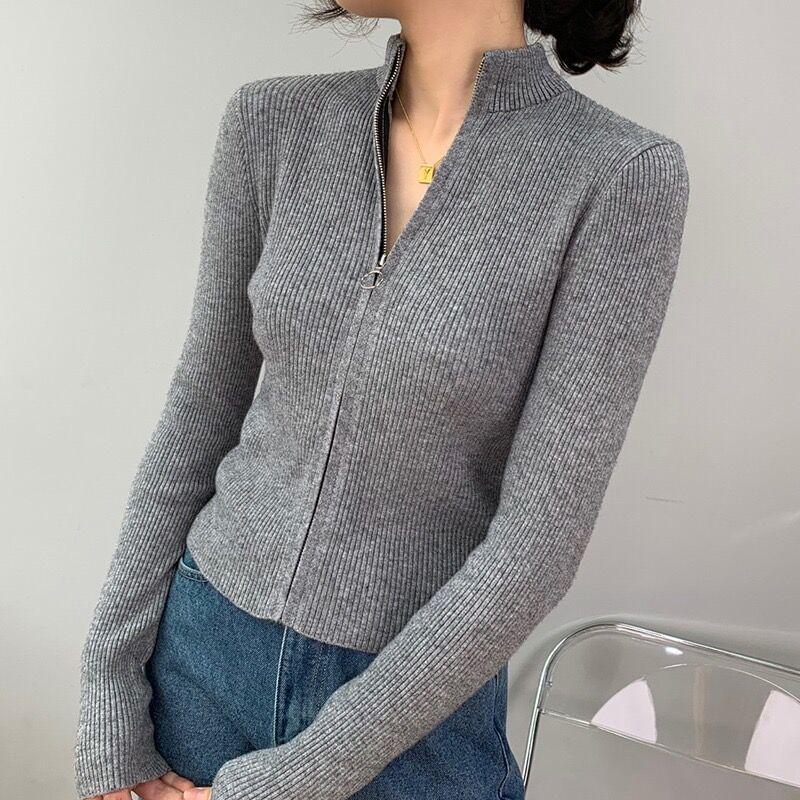 Long Sleeve Plain Ribbed-Knit Zip-Up Cardigan Product Image