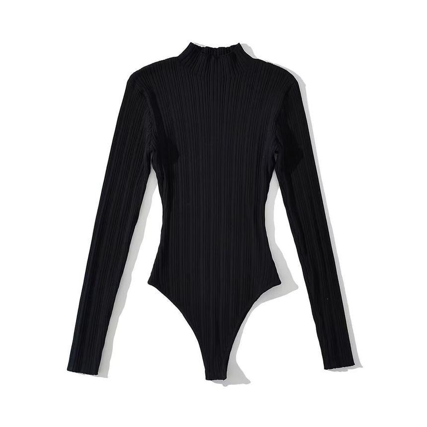 Long-Sleeve Mock Neck Plain Ribbed Knit Bodysuit Top Product Image