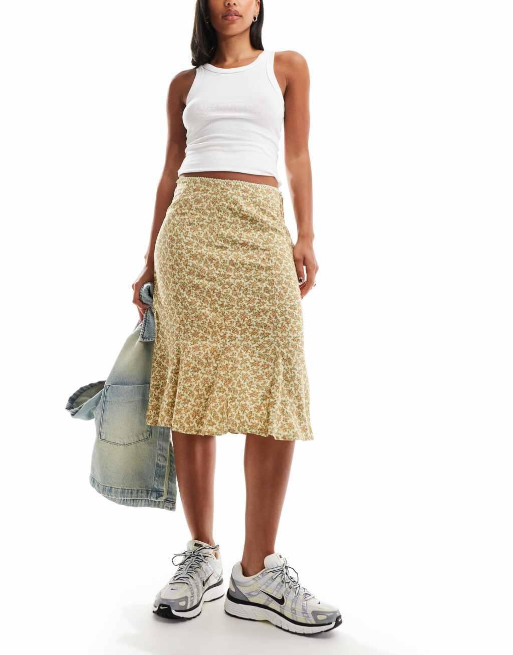 Motel Exclusive sima vintage floral knee length midi skirt in washed yellow Product Image