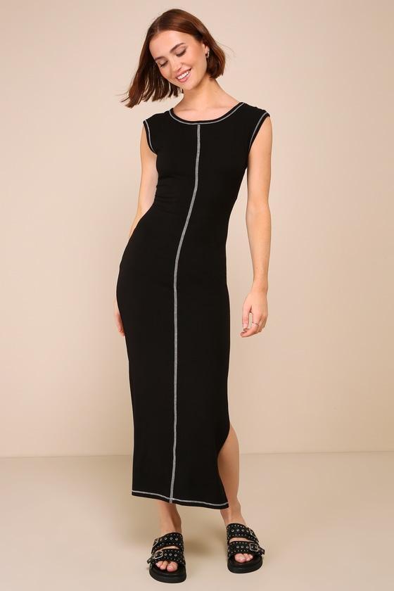 Casual Mentality Black Seamed Cap Sleeve Backless Midi Dress Product Image