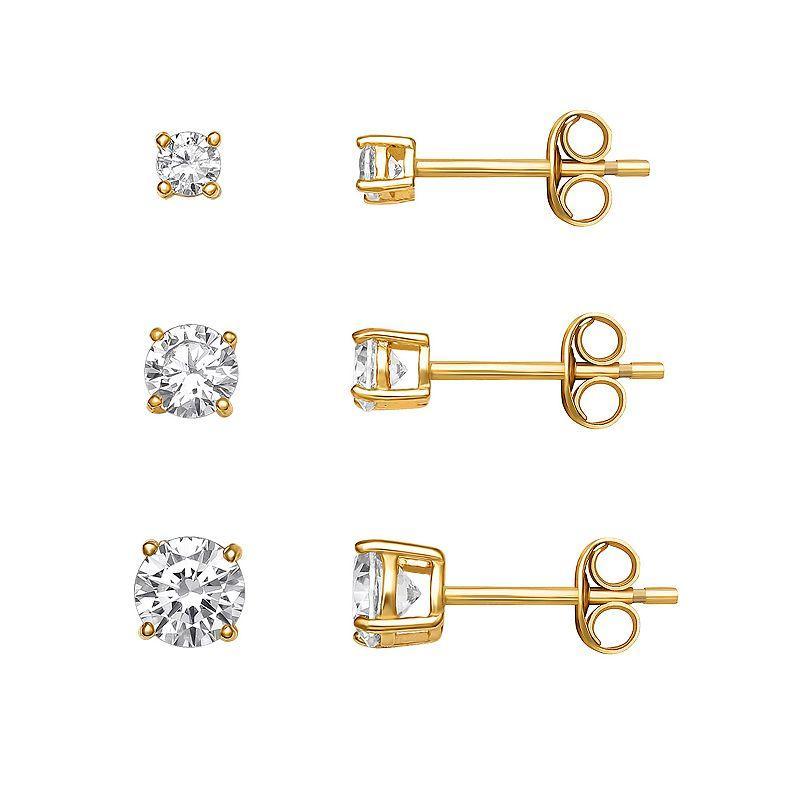 PRIMROSE Sterling Silver Cubic Zirconia Graduated Stud Earring Trio Set, Womens, Gold Tone Product Image