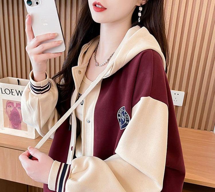 Lettering Embroidered Striped Trim Hooded Button-Up Baseball Jacket Product Image