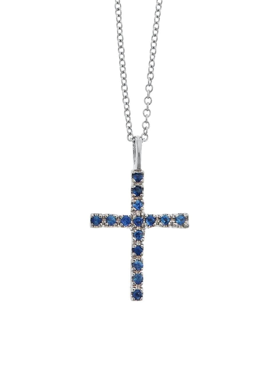 Womens 18K White Gold & Blue Sapphire Cross Pendent Necklace Product Image