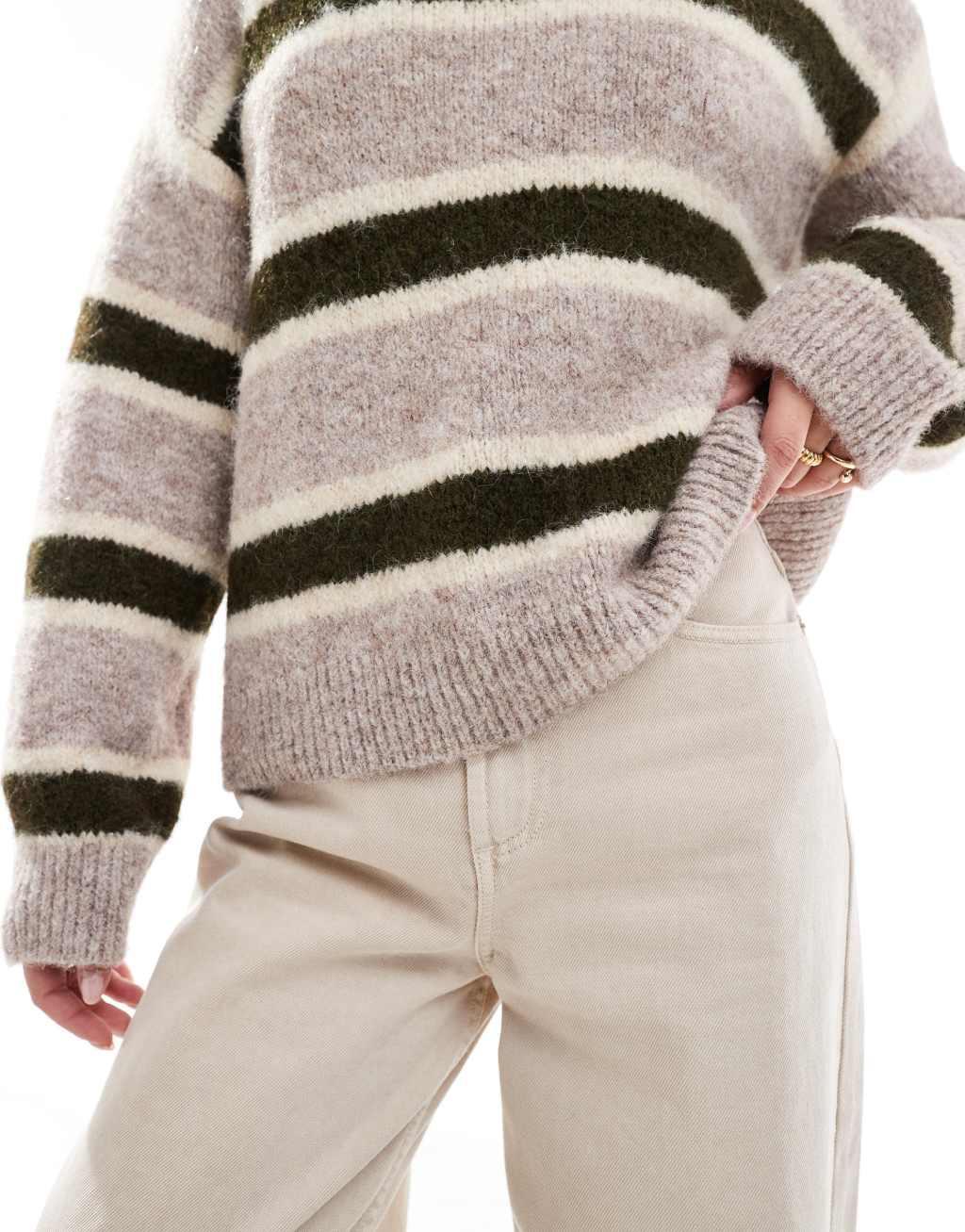 ASOS DESIGN wool blend fluffy knitted sweater in green stripe Product Image