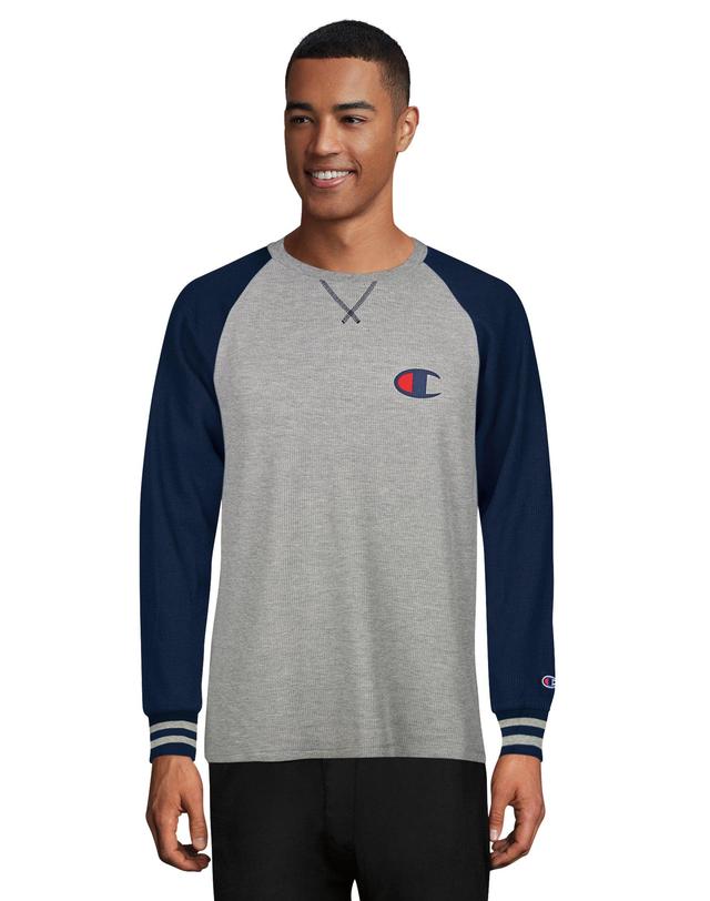 Mens Champion C-Life Sleep Long Sleeve Raglan Grey/Navy Waffle T-Shirt Athletic Navy L Product Image