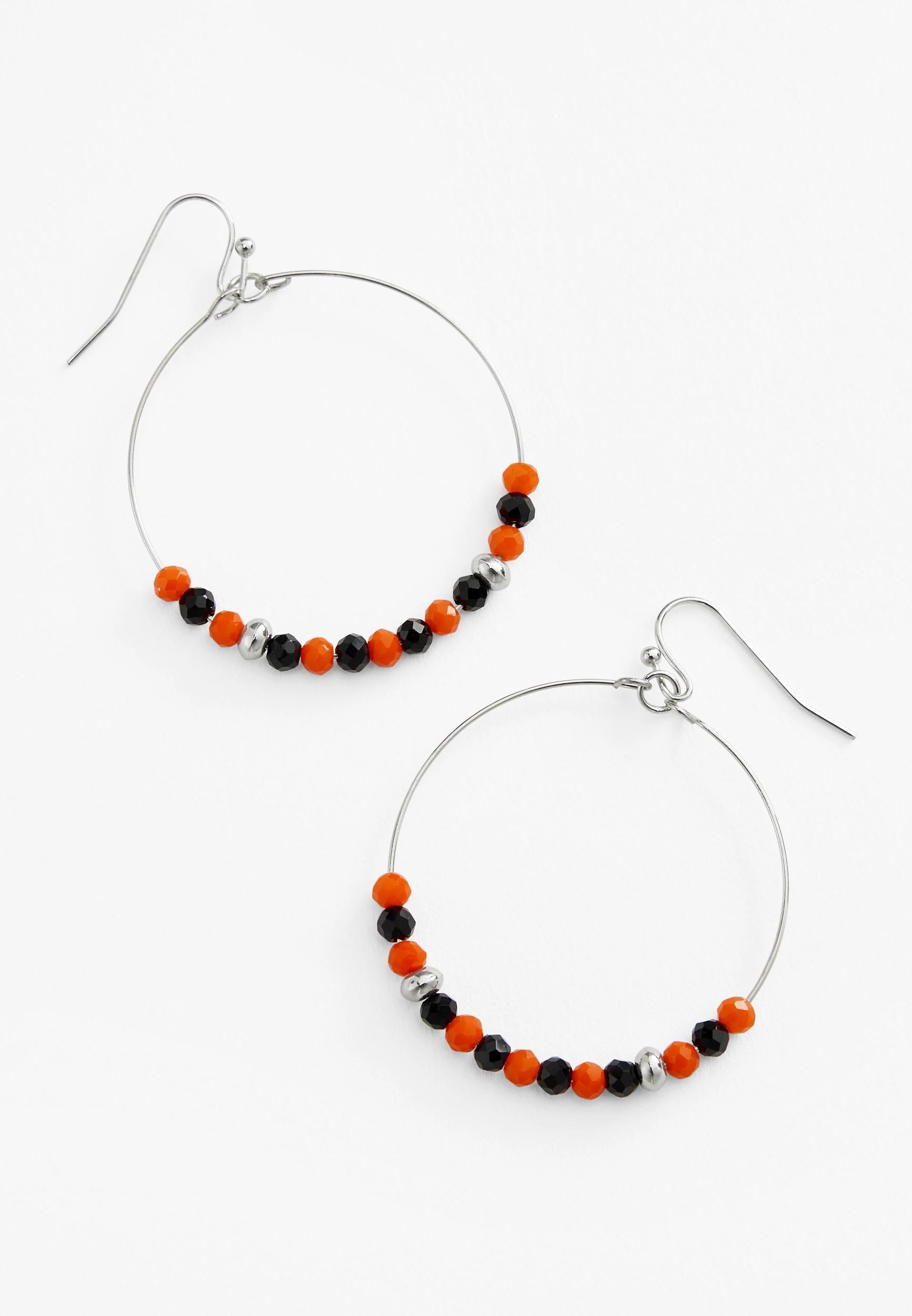 Black And Orange Beaded Hoop Earrings Product Image