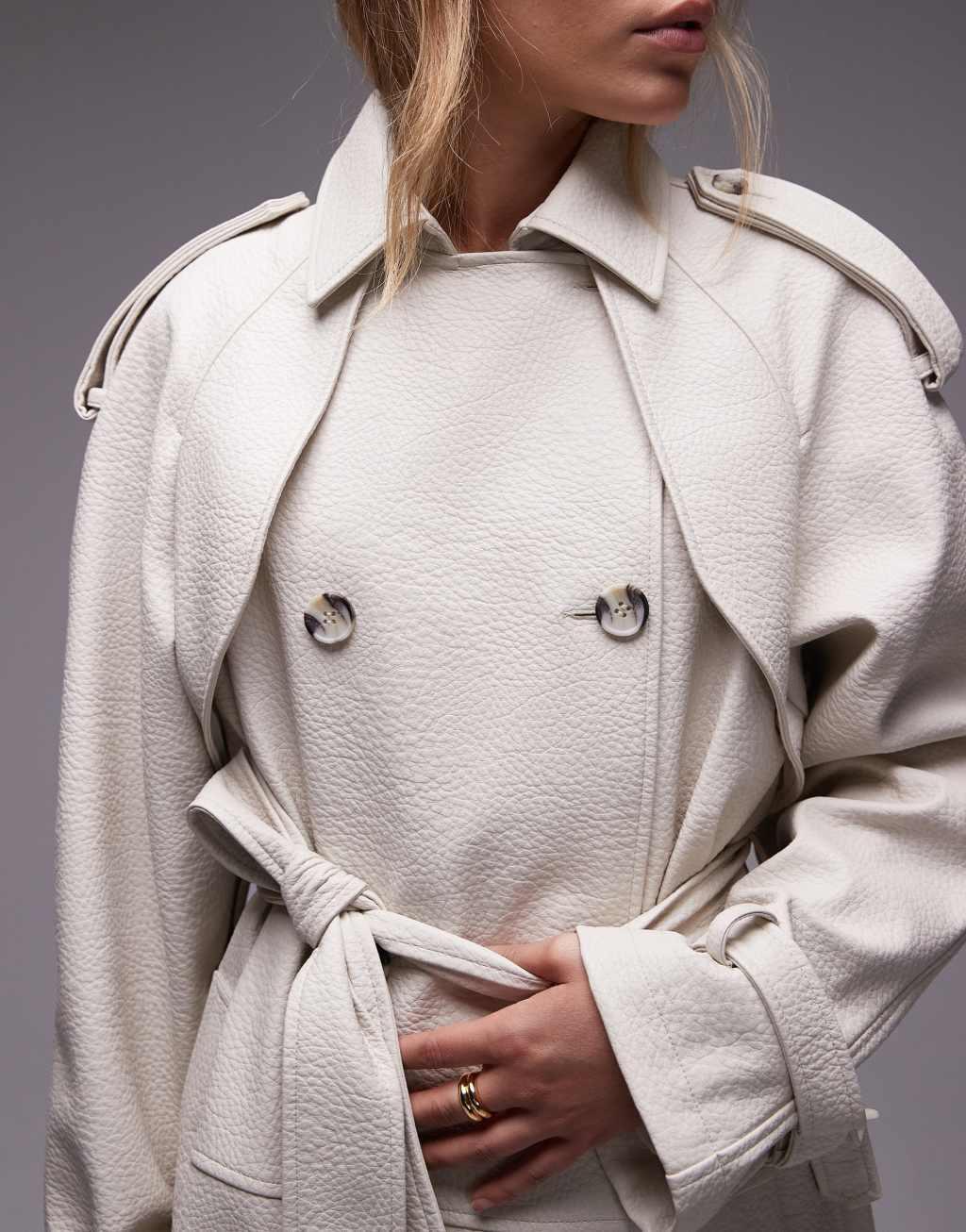 Topshop textured faux leather trench coat in cream Product Image