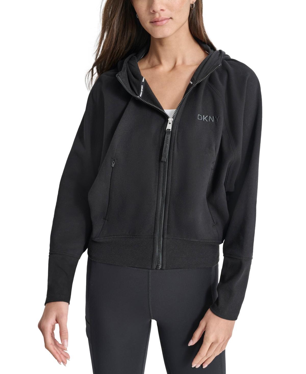 Dkny Womens Embroidered-Logo Cropped Zip-Front Fleece Hoodie Product Image